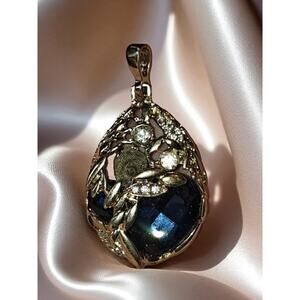 Large Necklace Pendant Blue Topaz Stone Gold Tone